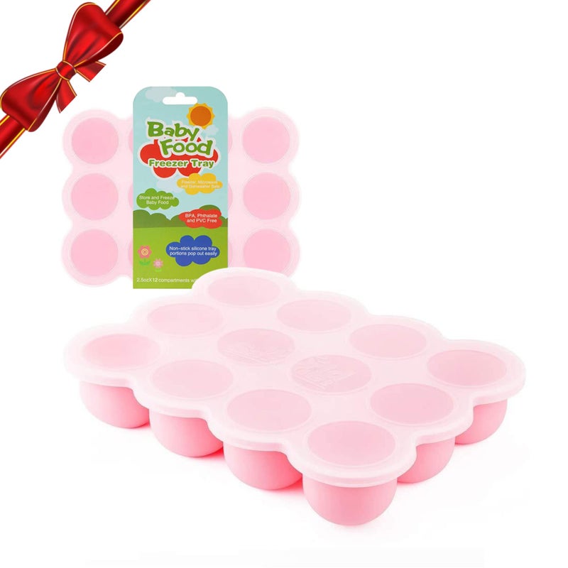 Samuelworld Baby Breast Milk and Food Storage Container, 12 Portions x 2.5oz, Stackable Food Grade Silicone Tray with Clip-On Hard Lid for Homemade Purees, Vegetables & Fruits - Pink - Image 1